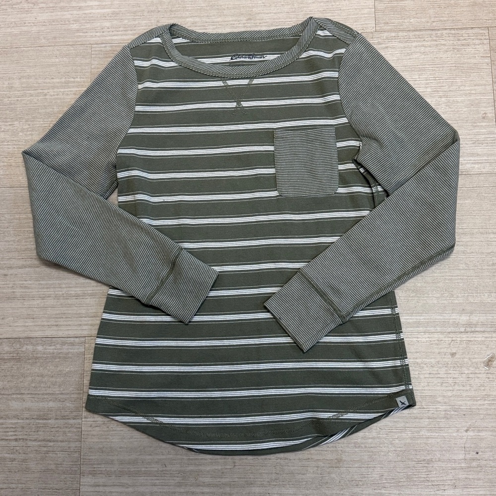 Eddie Bauer Women’s Olive Striped Long Sleeve  Tee Size M